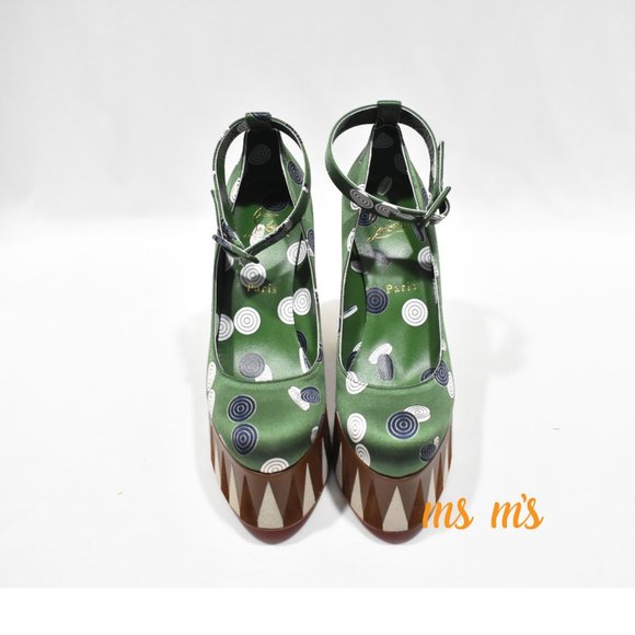 NIB Christian Louboutin Green Silk polka dot Platform Pumps Heels - Picture 5 of 9